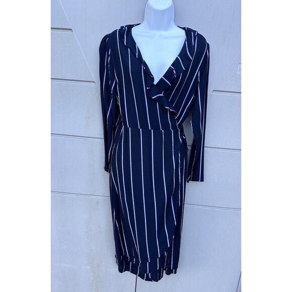 Rails Priya Navy Blue Metallic Stripe Ruffle Wrap Midi Dress Sz L Party Classic - Picture 8 of 16